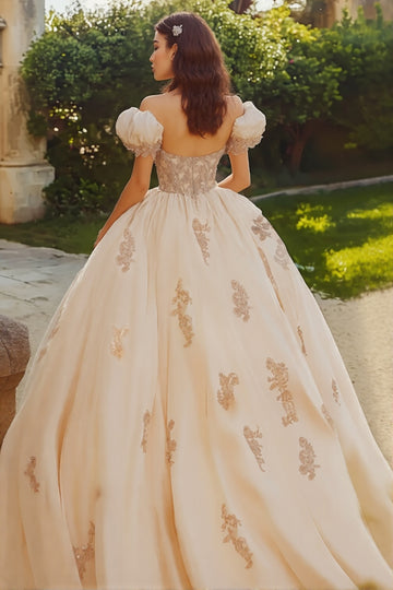 Robe de bal princesse blush épaules dénudées Tulle Quinceanera Robe avec appliques